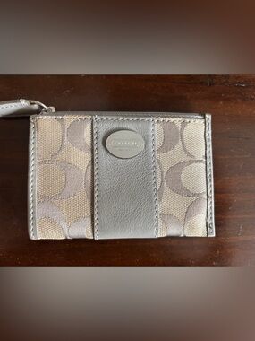 Coach Silver and Beige Signature Zip Wallet
